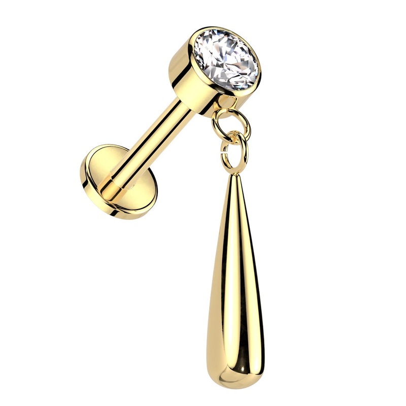 Internally Threaded CZ Crystal with Dangling Teardrop Flat Back Stud – ASTM F-136 Implant Grade Titanium Gold/Clear