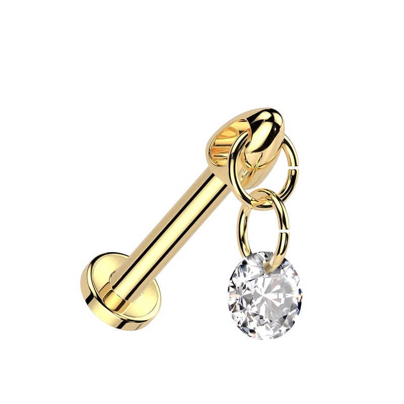 Internally Threaded Dangling CZ Crystal Gem Flat Back Stud – 16GA ASTM F-136 Implant Grade Titanium Gold