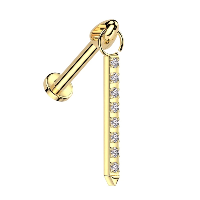 Internally Threaded Dangling CZ Crystal Lined Bar Flat Back Stud – ASTM F-136 Implant Grade Titanium Gold