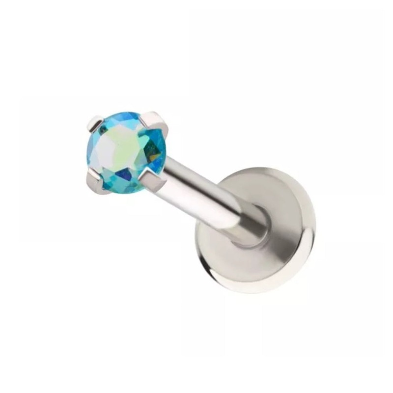 Internally Threaded Prong Set 2mm CZ Crystal Flat Back Stud – 316L Stainless Steel Blue Aurora Borealis