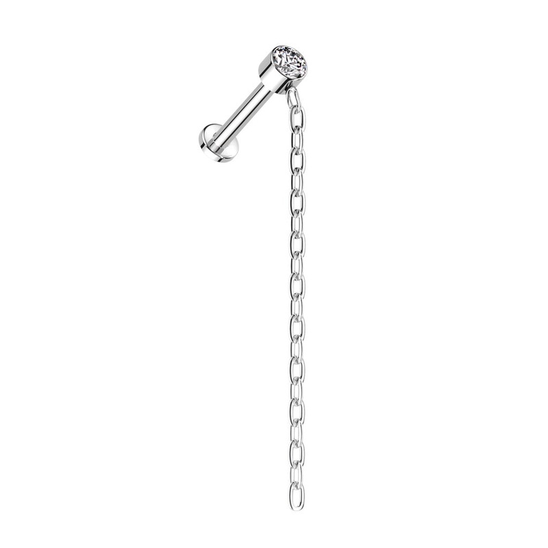 Internally Threaded Round CZ Crystal with Long Dangling Chain Flat Back Stud – ASTM F-136 Implant Grade Titanium Gold