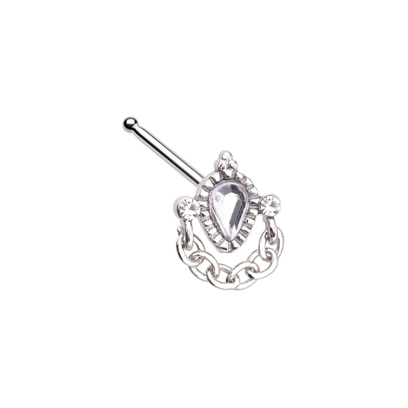 Ornate Victorian Gem with Dangling Chain Nose Bone Stud – Stainless Steel