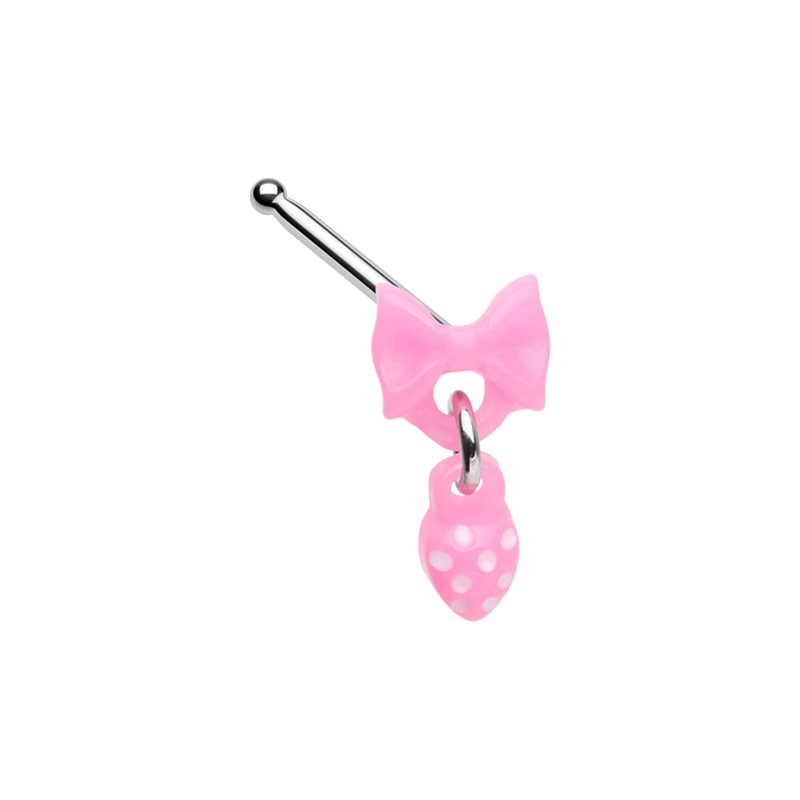 Pink Bow with Dangling Strawberry Nose Bone Stud – Stainless Steel