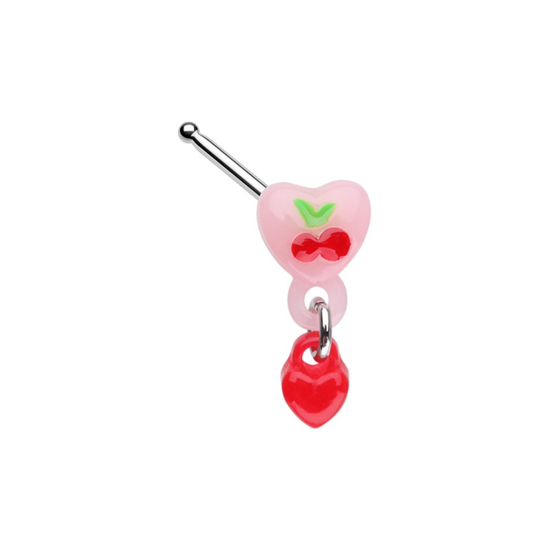 Pink Cherry Heart with Dangling Red Heart Nose Bone Stud – Stainless Steel