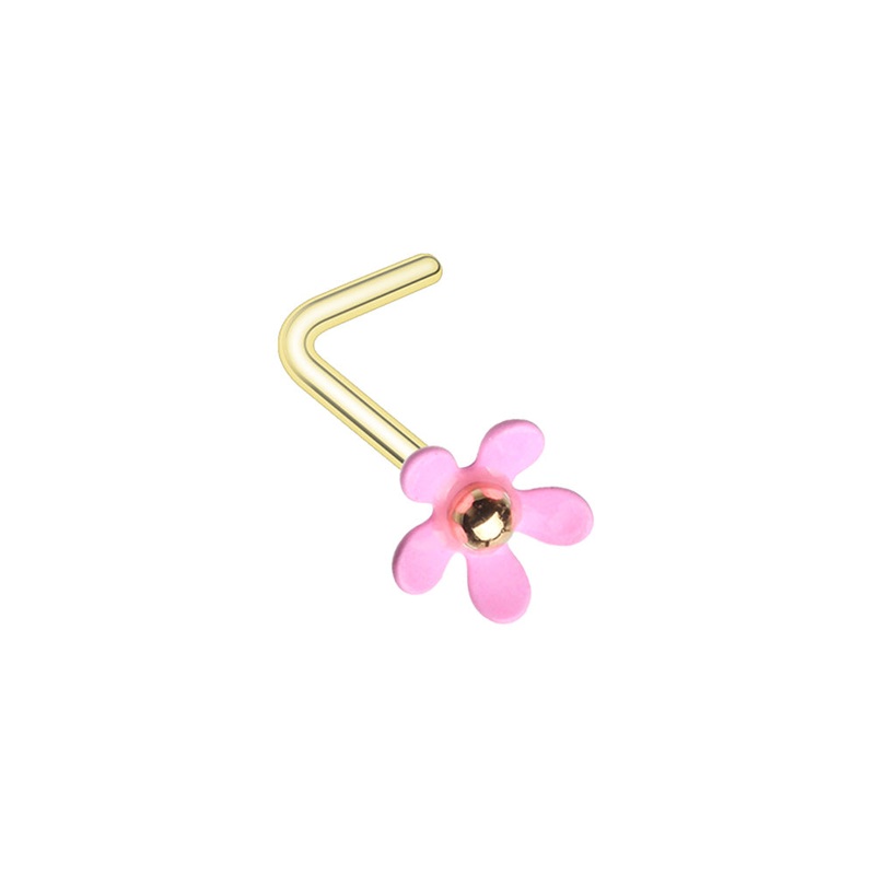 Pink Flower L-Bend Nose Stud – Gold Plated Stainless Steel