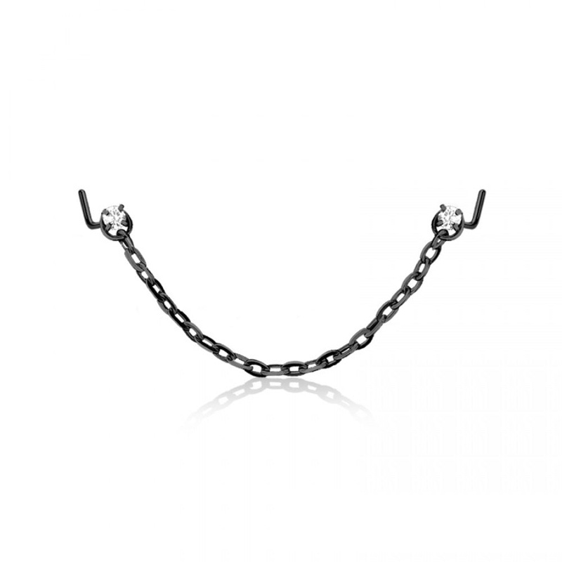 Prong Set CZ Crystal L-Bend Nose Studs with Connecting Chain – 316L Stainless Steel Black