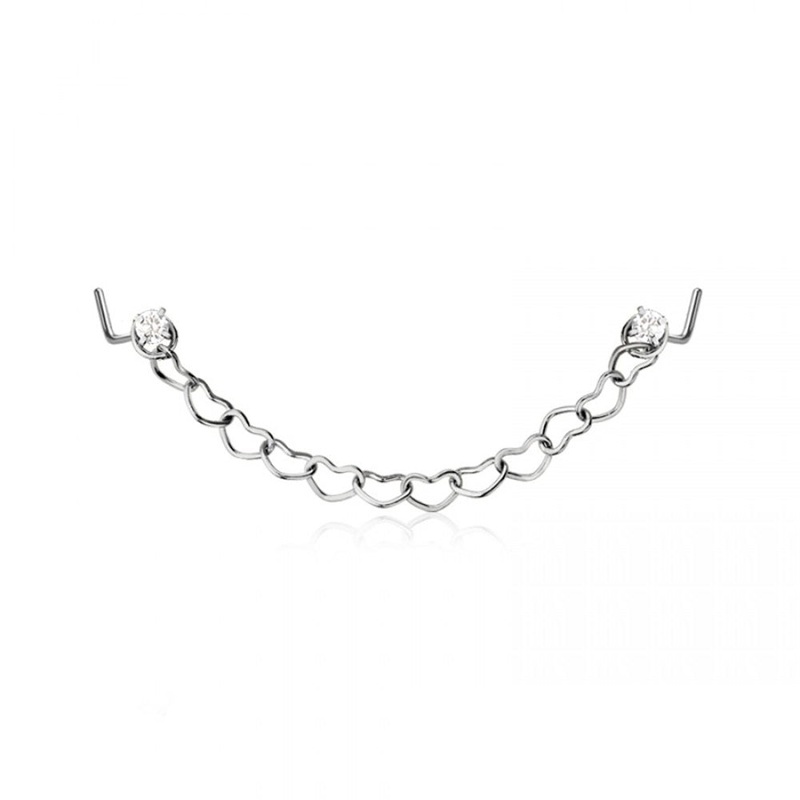 Prong Set CZ Crystal L-Bend Nose Studs with Connecting Heart Chain – 316L Stainless Steel Black