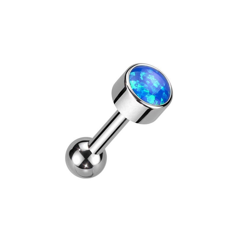 Threadless Push-In Bezel Set Synthetic Opal Barbell Stud – ASTM F-136 Implant Grade Titanium Blue