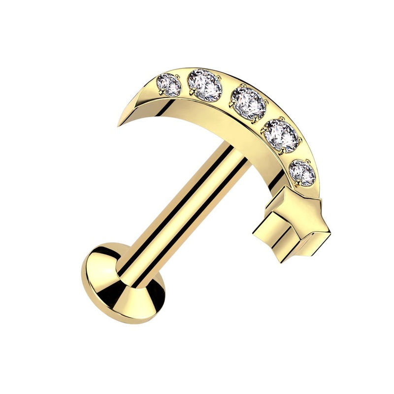 Threadless Push-In CZ Crystal Crescent Moon and Star Flat Back Stud – 316L Stainless Steel Gold 1.2mm (16GA)