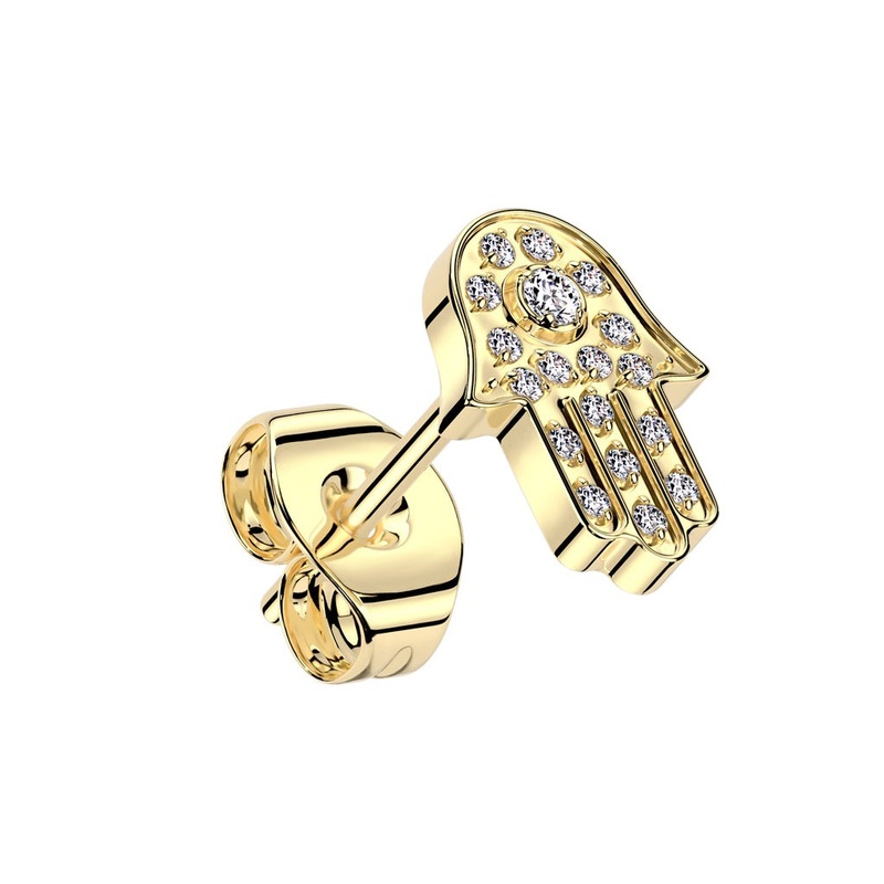 Threadless Push-In CZ Crystal Hamsa Hand Stud Earring – ASTM F-136 Implant Grade Titanium Gold