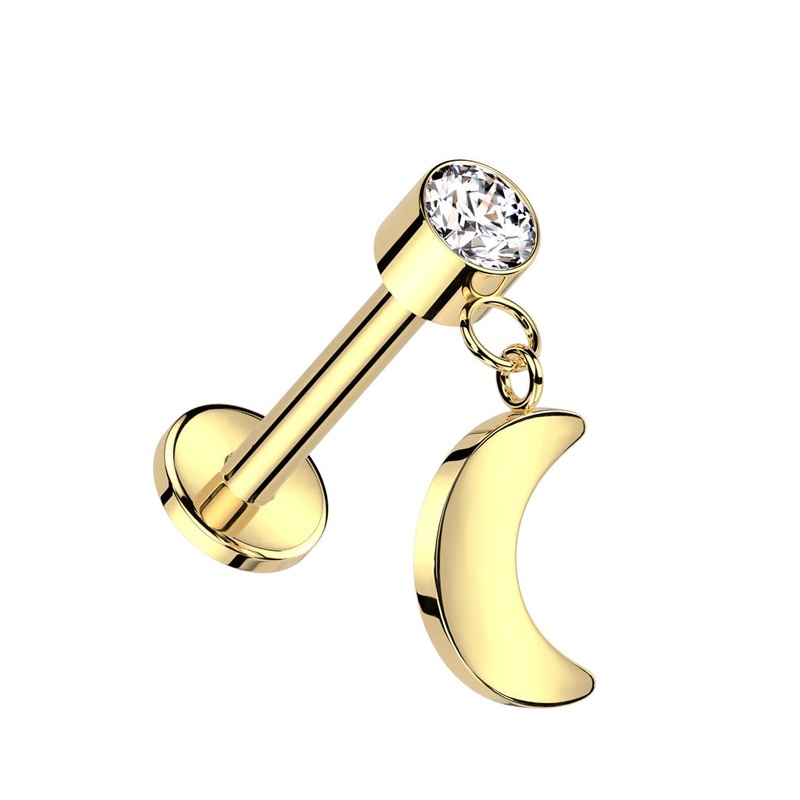 Threadless Push-In CZ Crystal with Dangling Crescent Moon Flat Back Stud – ASTM F-136 Implant Grade Titanium Gold Clear