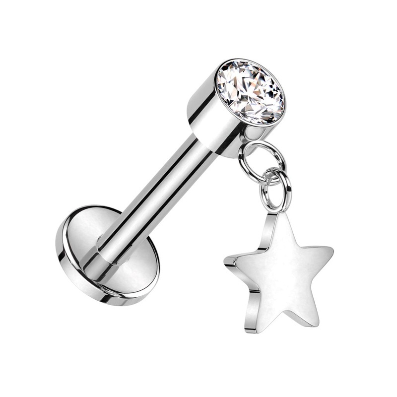 Threadless Push-In CZ Crystal with Dangling Star Flat Back Stud – ASTM F-136 Implant Grade Titanium Gold Clear