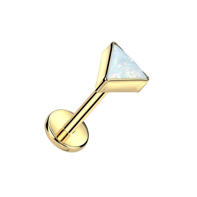 Threadless Push-In Synthetic Opal Triangle Top Flat Back Stud – ASTM F-136 Implant Grade Titanium Gold/White