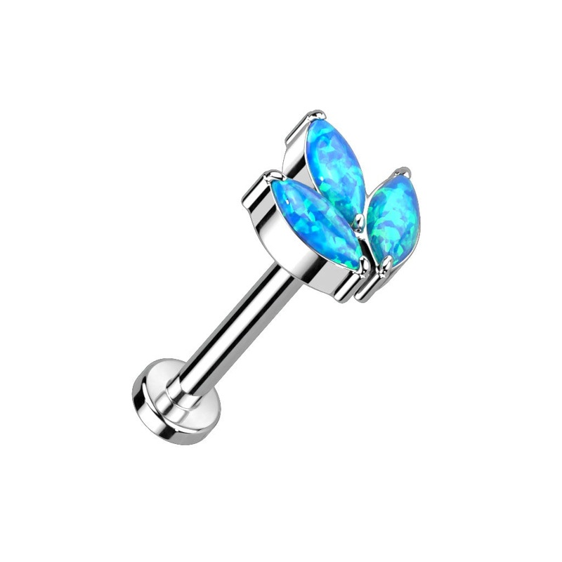 Threadless Push-In Synthetic Opal Triple Marquise Top Flat Back Stud – ASTM F-136 Implant Grade Titanium Blue