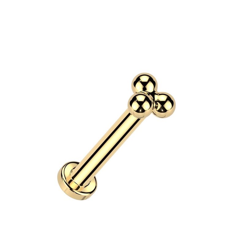 Threadless Push-In Triple Ball Cluster Flat Back Stud – Gold PVD ASTM F-136 Implant Grade Titanium 1.2mm (16GA) 6mm (1/4″)