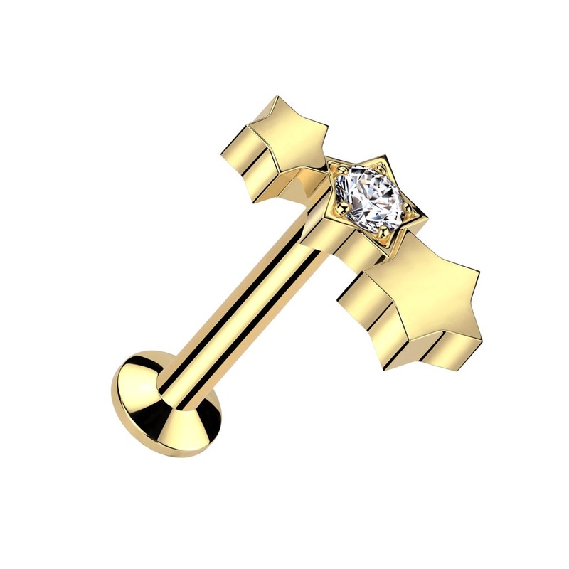 Threadless Push-In Triple Star with CZ Crystal Center Flat Back Stud – 316L Stainless Steel Gold 1.2mm (16GA)