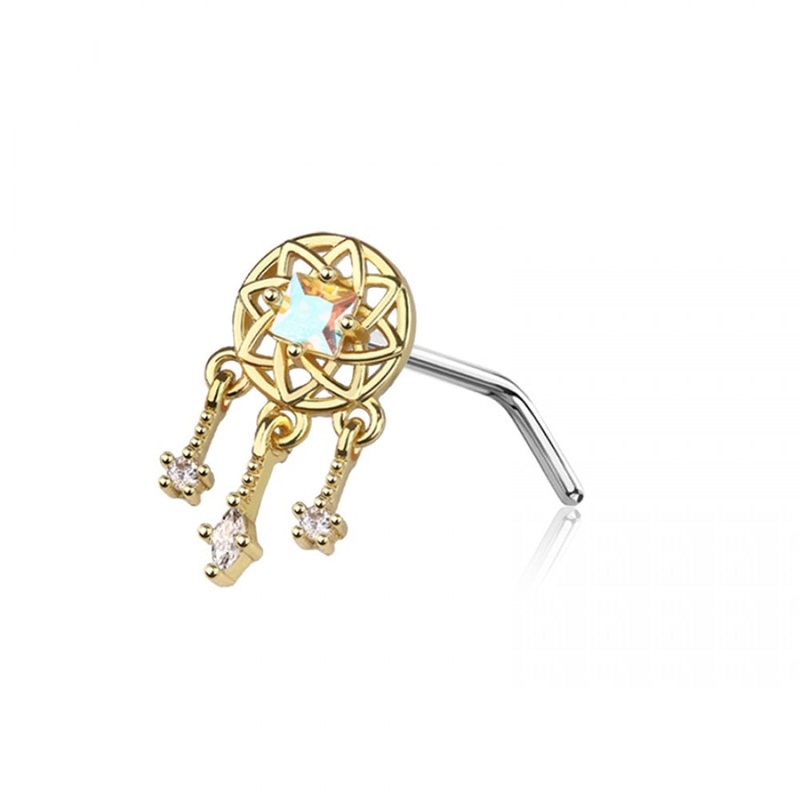 Aurora Borealis CZ Crystal Dreamcatcher Dangling L-Bend Nose Stud – 316L Stainless Steel Gold