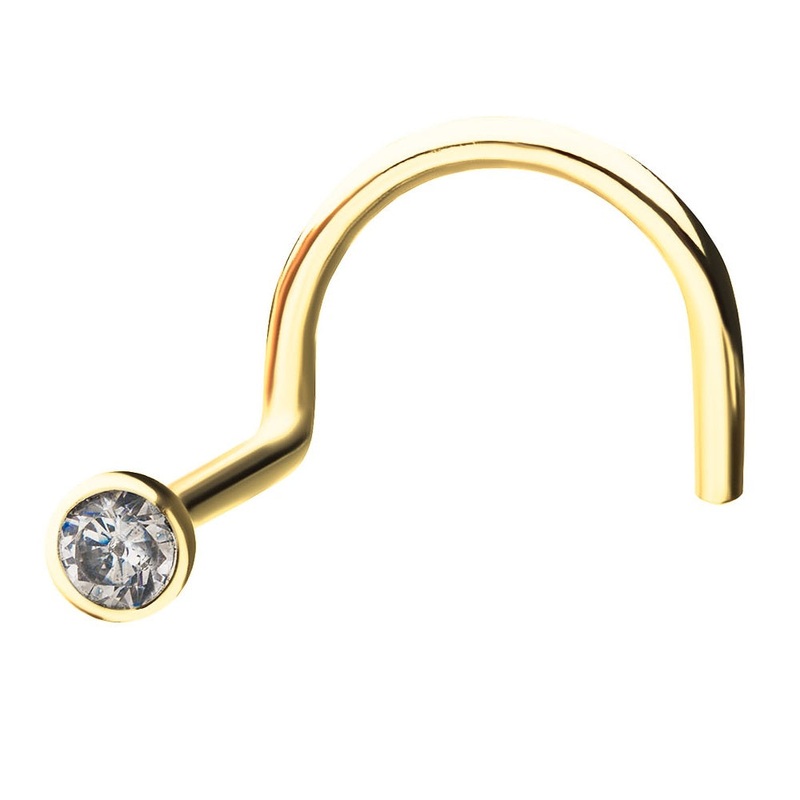 Bezel Set CZ Crystal Gem Top Nose Screw – 14kt Gold Rose Gold 1.5mm