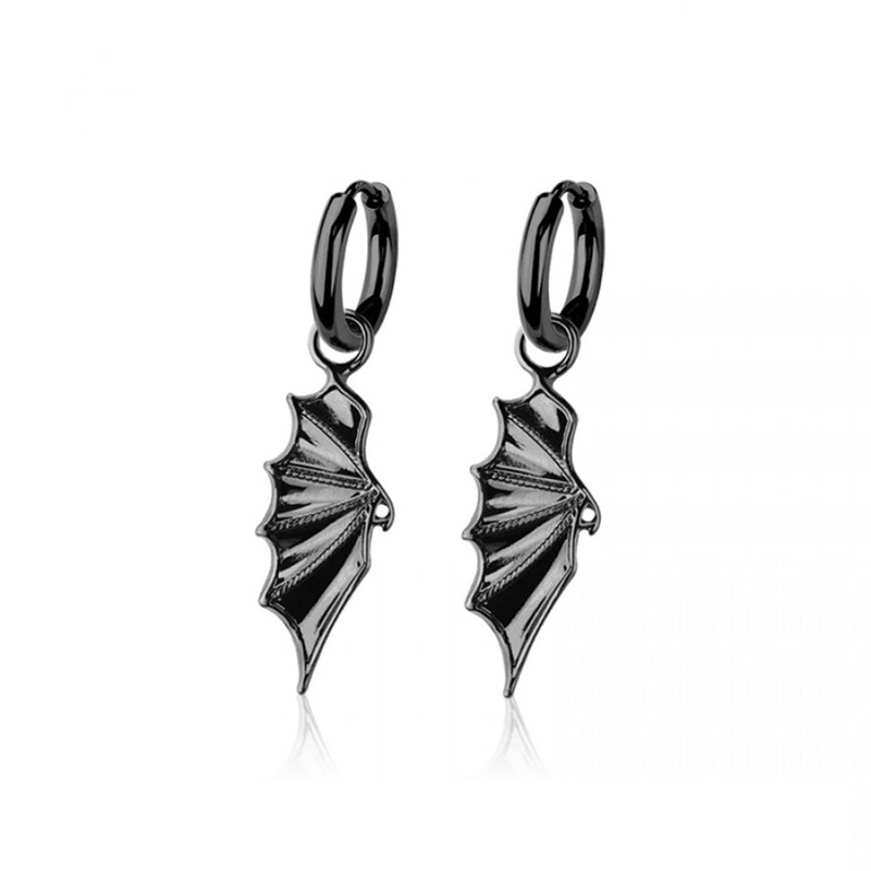 Black Bat Wing Dangling Huggie Hoop Earrings – Pair – 316L Stainless Steel