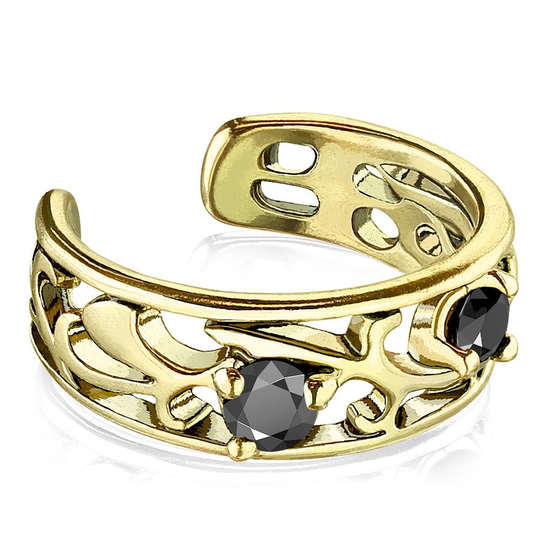 Black CZ Crystal Fligree Non-Piercing Adjustable Ear Cuff Gold