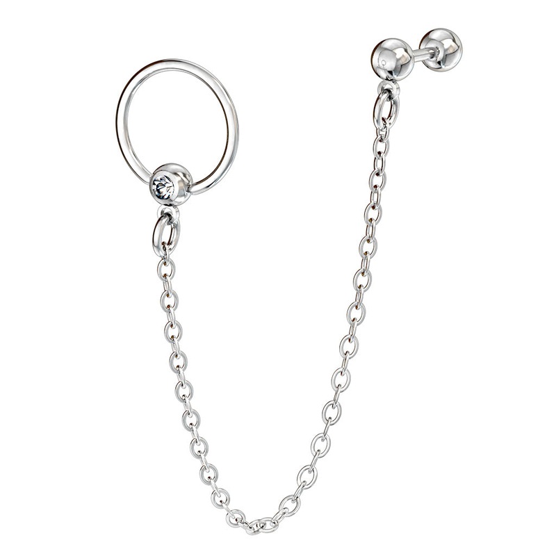 Chain Linked CZ Crystal Barbell and Captive Bead Ring – 316L Stainless Steel