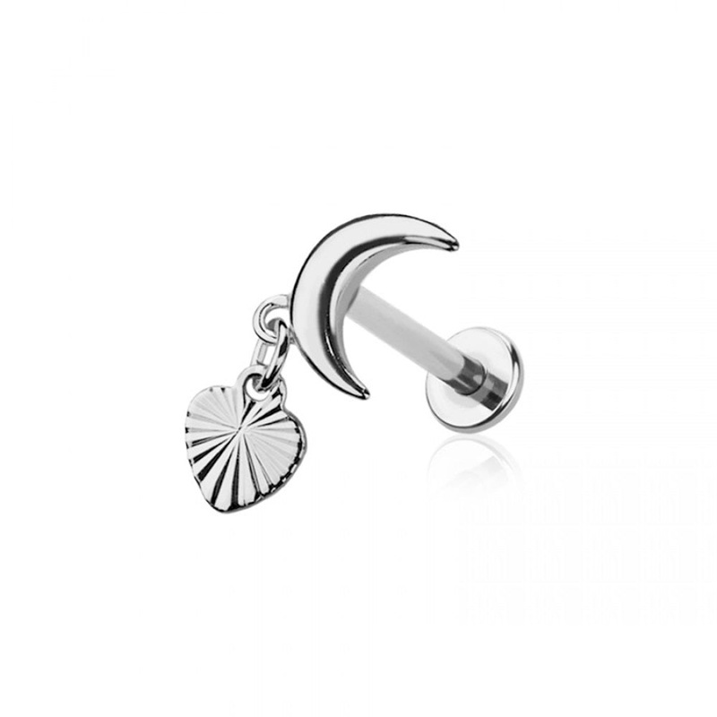 Crescent Moon with Dangling Heart Flat Back Stud – 316L Stainless Steel Gold