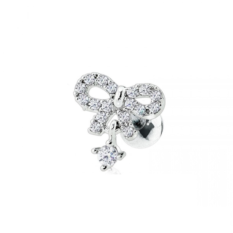 CZ Crystal Bow with Dangling Gem Barbell Stud – 316L Stainless Steel Rose Gold