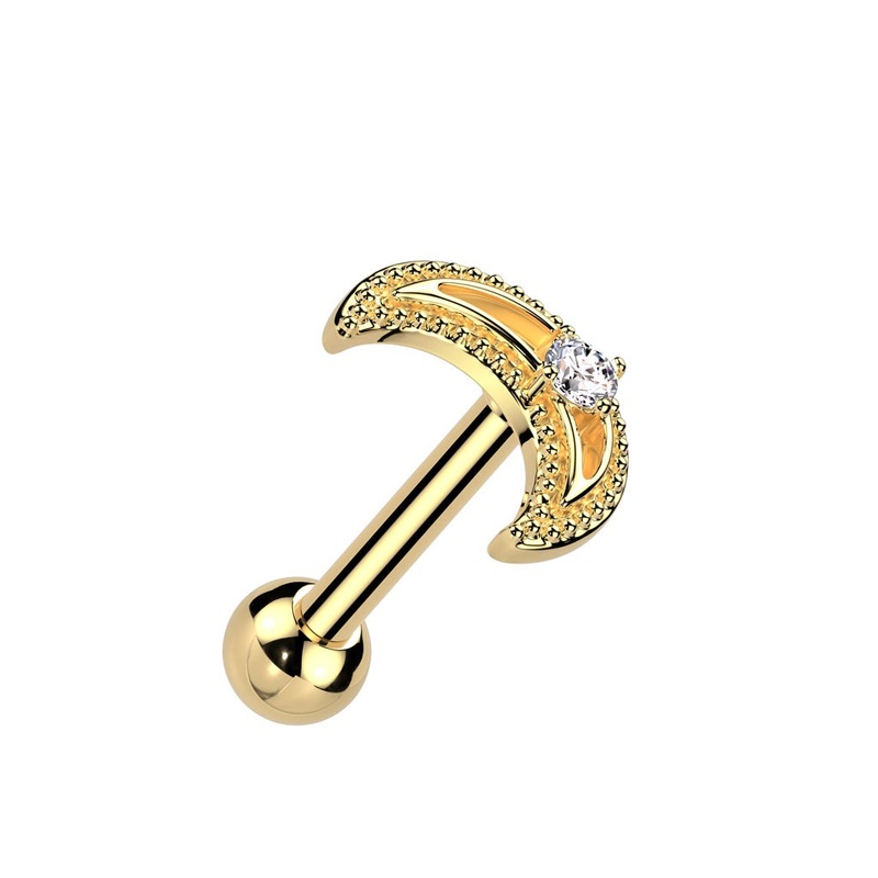 CZ Crystal Crescent Moon Barbell Stud – 316L Stainless Steel Gold