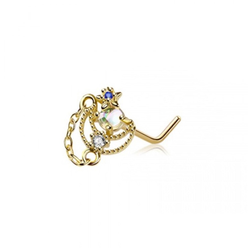 CZ Crystal Crescent Moon with Dangling Chain L-Bend Nose Stud – 316L Stainless Steel Gold
