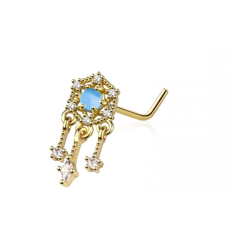 CZ Crystal Dreamcatcher Dangling L-Bend Nose Stud – 316L Stainless Steel Gold