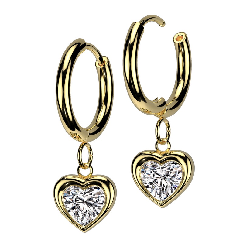 CZ Crystal Heart Dangling Huggie Hoop Earrings – Pair – 316L Stainless Steel Gold
