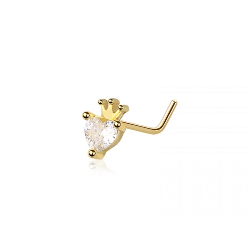 CZ Crystal Heart with Crown L-Bend Nose Stud – 316L Stainless Steel Gold