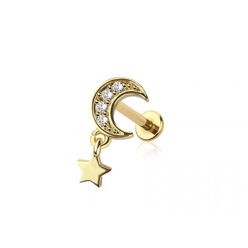 CZ Crystal Lined Crescent Moon with Dangling Star Flat Back Stud – 316L Stainless Steel Gold