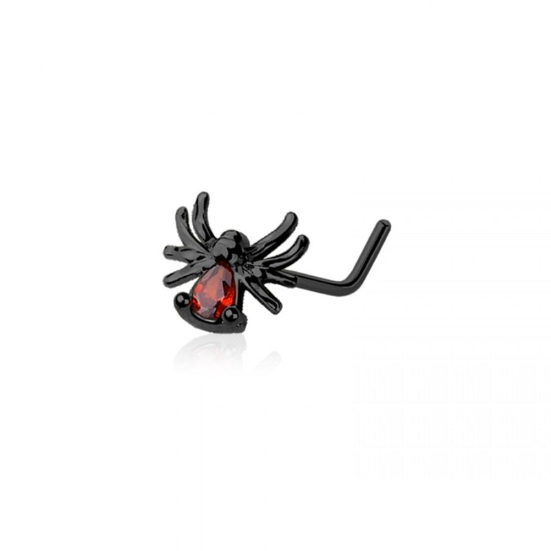 CZ Crystal Red Belly Spider L-Bend Nose Stud – 316L Stainless Steel Black