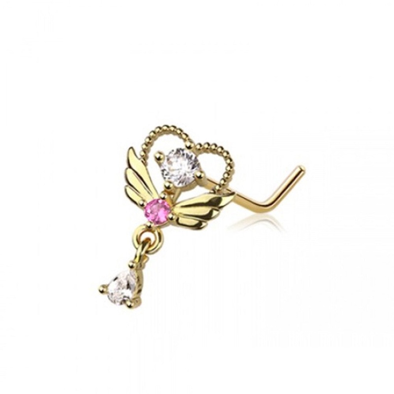 CZ Crystal Winged Heart with Dangling Teardrop L-Bend Nose Stud – 316L Stainless Steel Gold