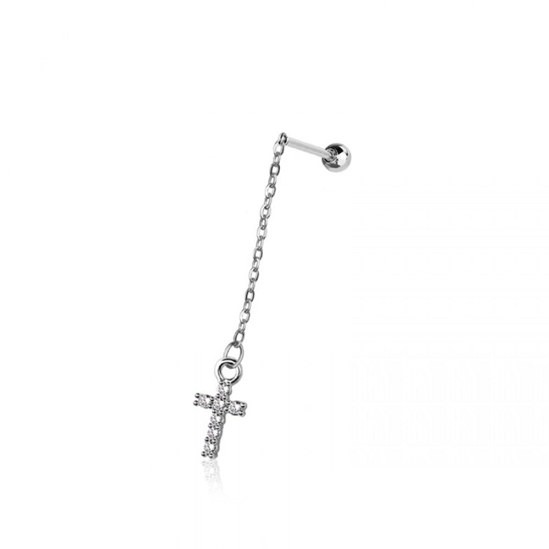 Dangling Chain with CZ Crystal Cross Cartilage Barbell Stud – 316L Stainless Steel