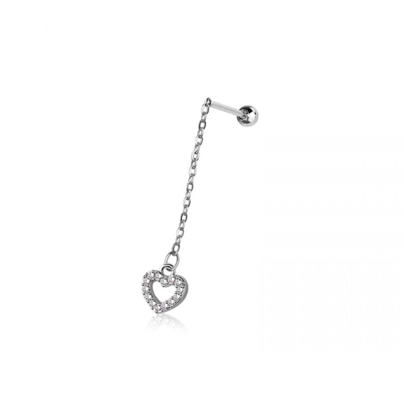 Dangling Chain with CZ Crystal Heart Cartilage Barbell Stud – 316L Stainless Steel