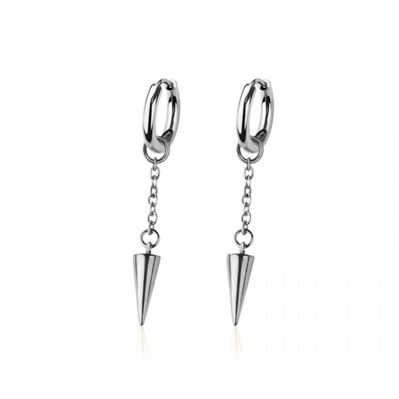 Dangling Chain with Spike Huggie Hoop Earrings – Pair – 316L Stainless Steel Gold