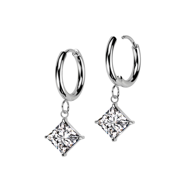 Diamond Shaped CZ Crystal Dangling Huggie Hoop Earrings – Pair – 316L Stainless Steel Gold