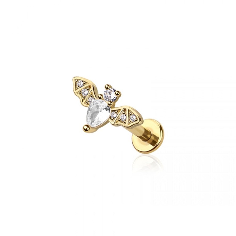 Internally Threaded CZ Crystal Bat Flat Back Stud – 316L Stainless Steel Gold