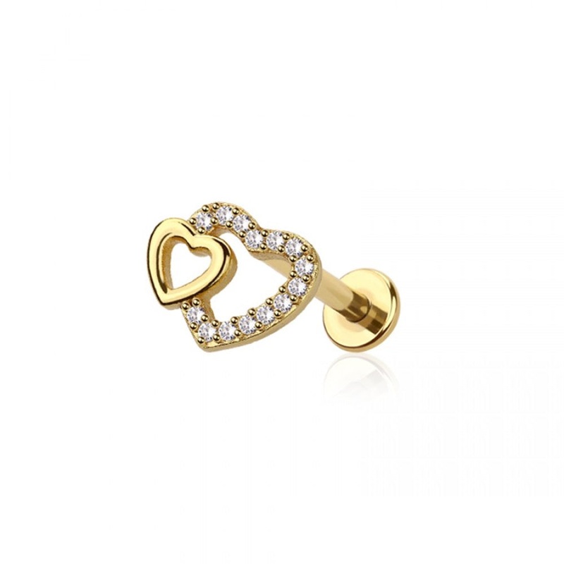 Internally Threaded CZ Crystal Double Heart Flat Back Stud – 316L Stainless Steel Gold