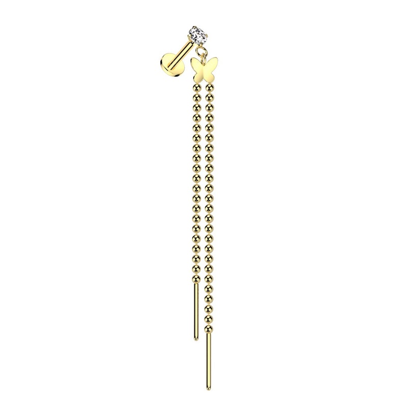 Internally Threaded CZ Crystal with Dangling Butterfly and Chains Flat Back Stud – 316L Stainless Steel Gold