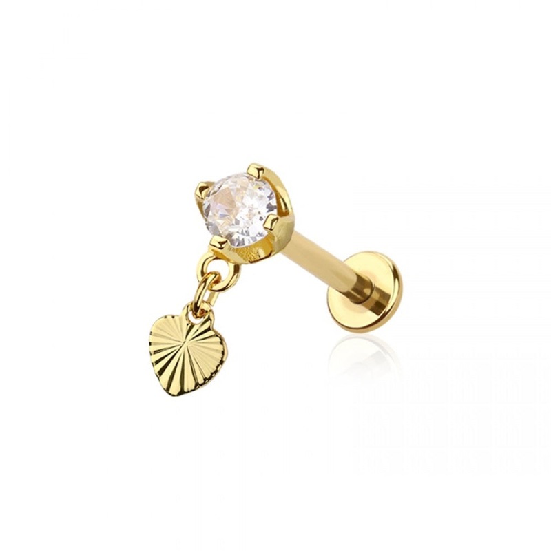 Internally Threaded CZ Crystal with Dangling Heart Flat Back Stud – 316L Stainless Steel Gold