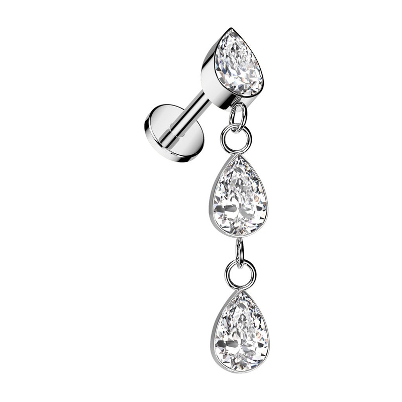 Internally Threaded Triple Dangling CZ Crystal Teardrop Flat Back Stud – ASTM F-136 Implant Grade Titanium 6mm (1/4″)