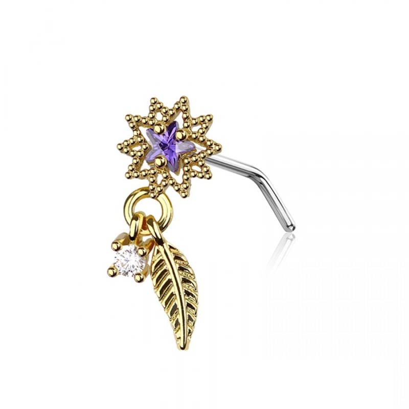 Purple CZ Crystal Starburst with Dangling Feather L-Bend Nose Stud – 316L Stainless Steel Gold