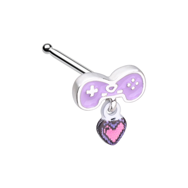 Purple Game Controller with Dangling Heart Nose Bone Stud – Stainless Steel