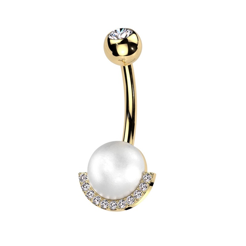 Synthetic Pearl with Half CZ Crystal Edge Belly Button Ring – 316L Stainless Steel Gold/White