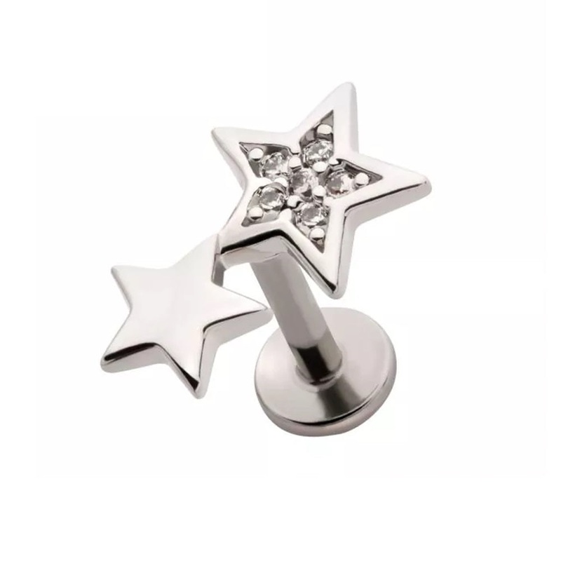 Threadless Push-In CZ Crystal Double Star Flat Back Stud – 316L Stainless Steel