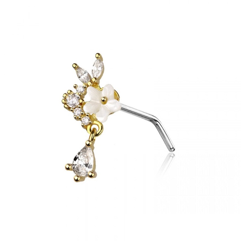 White Flower with CZ Crystal Teardrop L-Bend Nose Stud – 316L Stainless Steel Gold