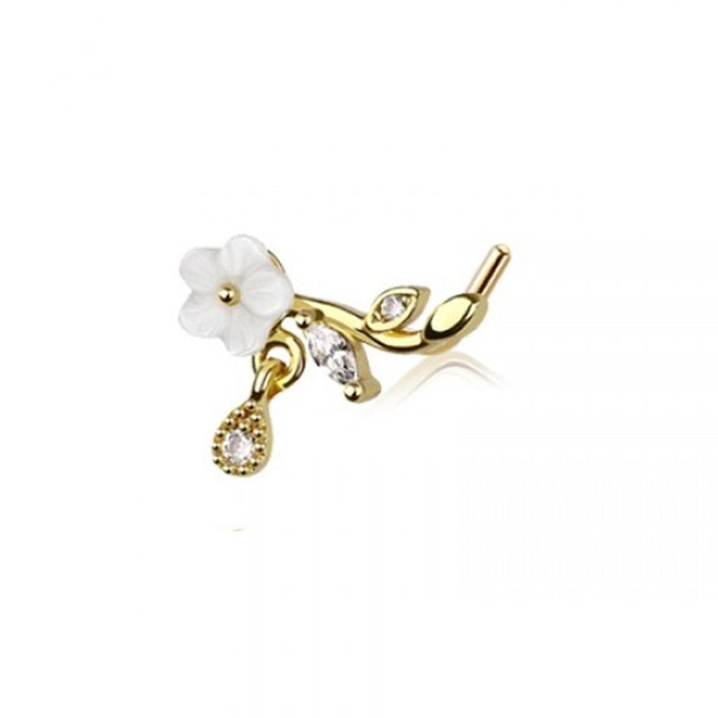 White Flower with Dangling CZ Crystal Teardrop L-Bend Nose Stud – 316L Stainless Steel Gold